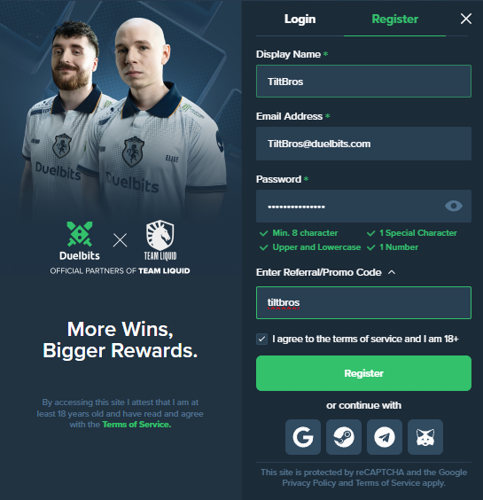 Duelbits register form with referral code tiltbros